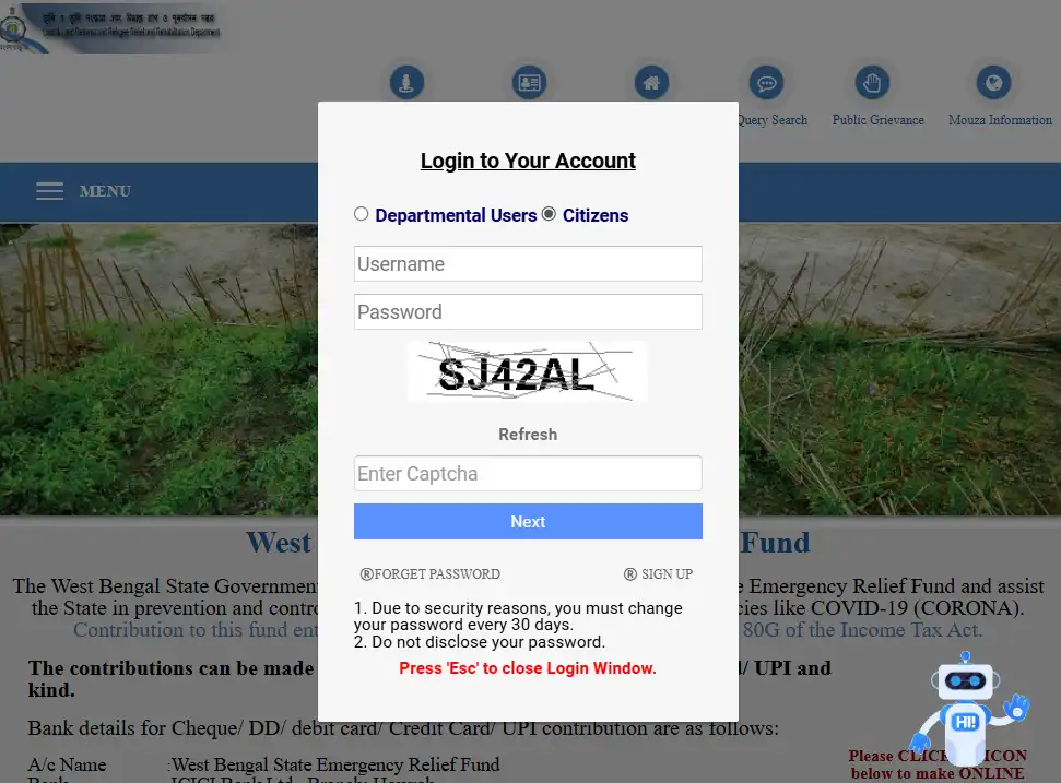 BanglarBhumi Portal Login Screen